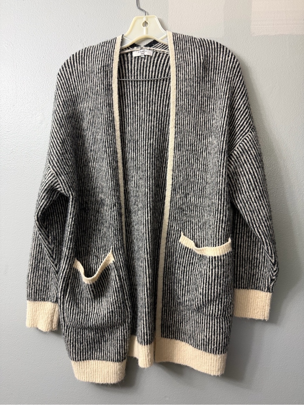 FRNCH Long Open Front Cardigan Size S/M Striped Pockets Black and Cream